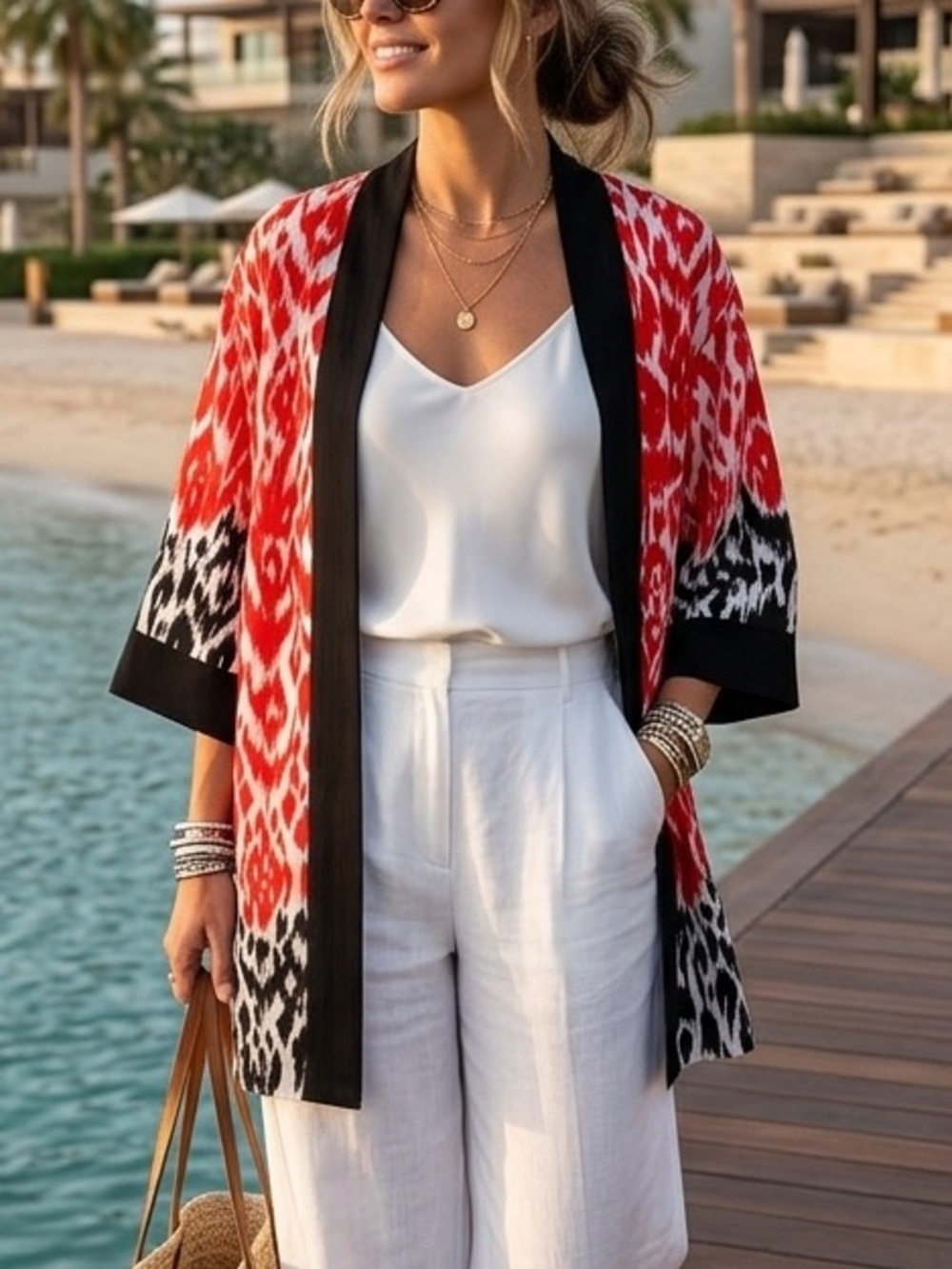 Chico’s Travelers Resort Red Black Ikat Open Front Artsy Kimono Cardigan S/M